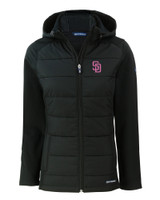 San Diego Padres City Connect Cutter & Buck Evoke Hybrid Eco Softshell Recycled Full Zip Womens Hooded Jacket BL_MANN_HG 1