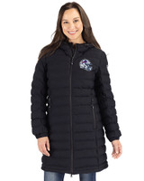 Buffalo Bills NFL Helmet Cutter & Buck Mission Ridge Repreve Eco Insulated Womens Long Puffer Jacket Black Front
