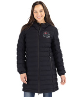 Tampa Bay Buccaneers NFL Helmet Cutter & Buck Mission Ridge Repreve Eco Insulated Womens Long Puffer Jacket Black Front