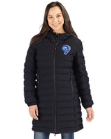 Los Angeles Rams Historic Cutter & Buck Mission Ridge Repreve Eco Insulated Womens Long Puffer Jacket Black Front