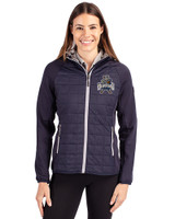 Utah State Aggies College Vault Cutter & Buck Rainier Recycled Insulated Hybrid Puffer Womens Full Zip Jacket Dark Navy Front