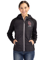 Oklahoma Sooners Alumni (Patterns BL&EG) Cutter & Buck Rainier Primaloft Womens Eco Full Zip Hybrid Jacket Black Front