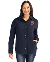 Boston Red Sox Cutter & Buck Roam Epic Versatility Recycled Womens Shirt Jacket Navy Blue Front