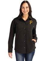 Pittsburgh Pirates Cutter & Buck Roam Recycled Buttery-Soft Knit Womens Button Down Shirt Jacket Black Front