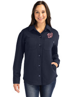 Washington Nationals Cutter & Buck Roam Epic Versatility Recycled Womens Shirt Jacket Navy Blue Front