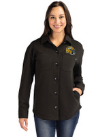 Green Bay Packers NFL Helmet Cutter & Buck Roam Epic Versatility Recycled Womens Shirt Jacket Black Front