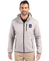 Detroit Tigers Cutter & Buck Rainier Primaloft Eco Mens Full Zip Hooded Jacket Polished Medium Gray Front