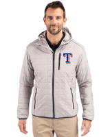 Texas Rangers Cutter & Buck Rainier Primaloft Eco Mens Full Zip Hooded Jacket Polished Medium Gray Front