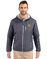 Michigan Wolverines College Vault Cutter & Buck Rainier Recycled Insulated Puffer Mens Full Zip Hooded Jacket Anthracite Melange Front