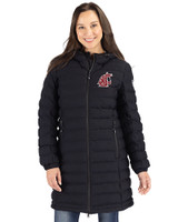 Washington State Cougars Cutter & Buck Mission Ridge Repreve Eco Insulated Womens Long Puffer Jacket Black Front
