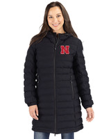 Nebraska Cornhuskers Cutter & Buck Mission Ridge Repreve Eco Insulated Womens Long Puffer Jacket Black Front
