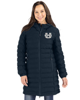 Utah State Aggies Cutter & Buck Mission Ridge Repreve Eco Insulated Womens Long Puffer Jacket Navy Blue Front
