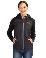 Pitt Panthers Cutter & Buck Rainier Recycled Insulated Hybrid Puffer Womens Full Zip Jacket Black Front