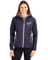Kansas City Royals Cooperstown Cutter & Buck Rainier Primaloft Womens Eco Full Zip Hybrid Jacket Dark Navy Front