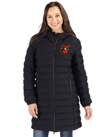 Baltimore Orioles Cooperstown Cutter & Buck Mission Ridge Repreve Eco Insulated Womens Long Puffer Jacket Black Front