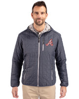 Atlanta Braves Cooperstown Cutter & Buck Rainier Primaloft Eco Mens Full Zip Hooded Jacket Anthracite Melange Front