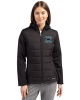 Carolina Panthers Historic Cutter & Buck Evoke Hybrid Softshell Recycled Full Zip Womens Hooded Jacket Black Front