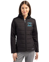 Carolina Panthers Historic Cutter & Buck Evoke Recycled Honeycomb Fleece Womens Hybrid Full Zip Jacket Black Front