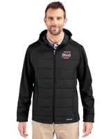 Umass Minutemen Cutter & Buck Evoke Hybrid Softshell Recycled Full Zip Mens Hooded Jacket Black Front