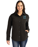 Carolina Panthers Historic Cutter & Buck Roam Epic Versatility Recycled Womens Shirt Jacket Black Front