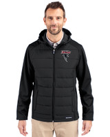 Atlanta Falcons Historic - Cutter & Buck Evoke Hybrid Softshell Recycled Full Zip Mens Hooded Jacket Black Front