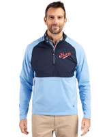Dayton Flyers College Vault Cutter & Buck Adapt Recycled Soft Knit Stretch Mens Hybrid Quarter Zip Pullover  Atlas/Navy Blue Front