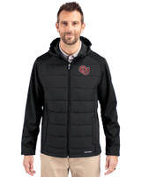 Oklahoma Sooners Vintage Cutter & Buck Evoke Hybrid Eco Softshell Recycled Full Zip Mens Big & Tall Hooded Jacket Black Front