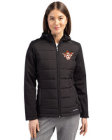 Texas Longhorns College Vault Cutter & Buck Evoke Hybrid Softshell Recycled Full Zip Womens Hooded Jacket Black Front