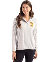 San Diego Padres Cutter & Buck Coastline Epic Comfort Recycled Womens Hooded Shirt CONCRETE Front