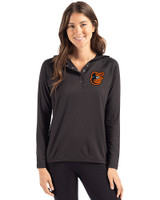 Baltimore Orioles Cutter & Buck Coastline Recycled Double Peached Womens Hooded Pullover Black Front
