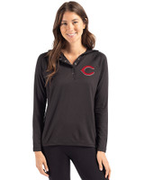Cincinnati Reds Cutter & Buck Coastline Epic Comfort Recycled Womens Hooded Shirt Black Front