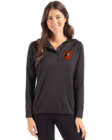 Baltimore Orioles Cooperstown Cutter & Buck Coastline Epic Comfort Recycled Womens Hooded Shirt Black Front