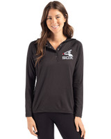 Chicago White Sox Cooperstown Cutter & Buck Coastline Epic Comfort Recycled Womens Hooded Shirt Black Front