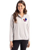 Montreal Expos Cooperstown Cutter & Buck Coastline Epic Comfort Recycled Womens Hooded Shirt CONCRETE Front