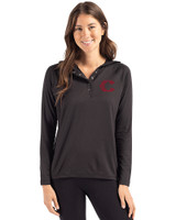 Cincinnati Reds City Connect Cutter & Buck Coastline Epic Comfort Recycled Womens Hooded Shirt Black Front