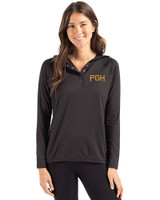 Pittsburgh Pirates City Connect Cutter & Buck Coastline Epic Comfort Recycled Womens Hooded Shirt Black Front