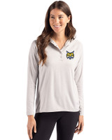 Quinnipiac Bobcats Cutter & Buck Coastline Epic Comfort Recycled Womens Hooded Shirt CONCRETE Front