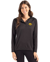 Iowa Hawkeyes Cutter & Buck Coastline Recycled Double Peached Womens Hooded Pullover Black Front
