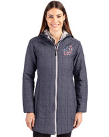 Washington Nationals Stars & Stripes Cutter & Buck Rainier PrimaLoft®  Womens Eco Insulated Hooded Long Coat Anthracite Melange Front