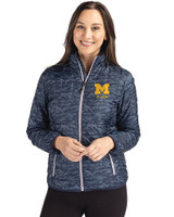 Michigan Wolverines Alumni Cutter & Buck Rainier PrimaLoft® Womens Eco Insulated Full Zip Printed Puffer Jacket Dark Navy Front