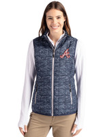 Atlanta Braves Cooperstown Cutter & Buck Rainier Recycled Insulated Printed Puffer Womens Full Zip Vest Dark Navy Front