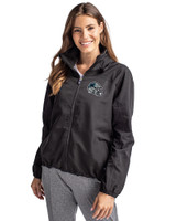 Carolina Panthers NFL Helmet Cutter & Buck Charter Eco Recycled Womens Full-Zip Jacket Black Front