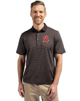 Tampa Bay Buccaneers Historic Cutter & Buck Virtue Eco Pique Micro Stripe Recycled Mens Polo Black/Elemental Grey Front