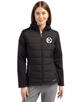 Pittsburgh Steelers Mono Cutter & Buck Evoke Hybrid Softshell Recycled Full Zip Womens Hooded Jacket Black Front