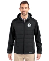 Pittsburgh Steelers Mono Cutter & Buck Evoke Hybrid Eco Softshell Recycled Full Zip Mens Big & Tall Hooded Jacket Black Front