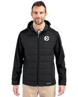 Pittsburgh Steelers Monochromatic Cutter & Buck Evoke Recycled HoneycombFleece Mens Big & Tall Hybrid Full Zip Jacket Black Front