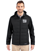New York Giants Mono Cutter & Buck Evoke Hybrid Softshell Recycled Full Zip Mens Hooded Jacket Black Front