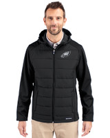 Philadelphia Eagles Mono Cutter & Buck Evoke Hybrid Softshell Recycled Full Zip Mens Hooded Jacket Black Front