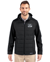 Cincinnati Bengals Mono Cutter & Buck Evoke Hybrid Softshell Recycled Full Zip Mens Hooded Jacket Black Front