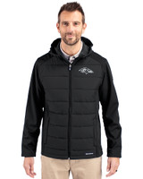 Baltimore Ravens Mono Cutter & Buck Evoke Hybrid Softshell Recycled Full Zip Mens Hooded Jacket Black Front